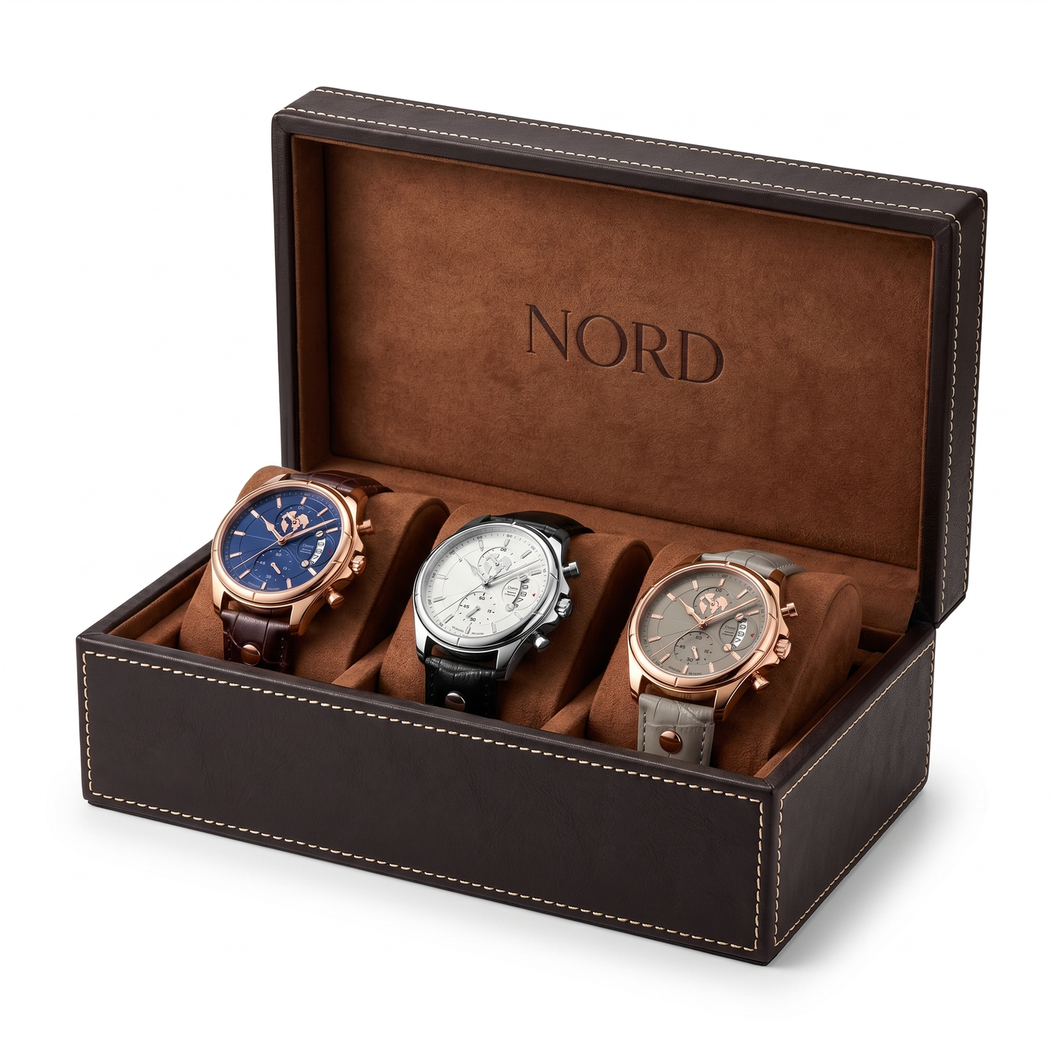 Nord Mariner Ensemble leather watch case for three watches, embossed NORD logo