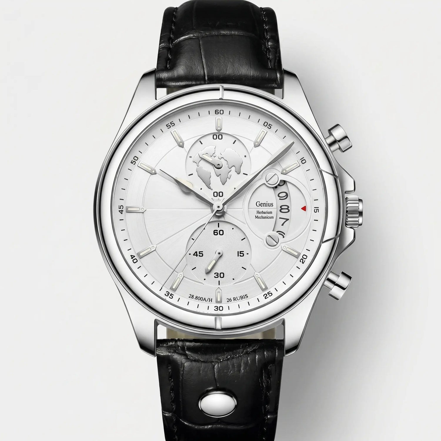 Meridian Ivory Steel men's watch with white dial, steel case and leather strap - front view