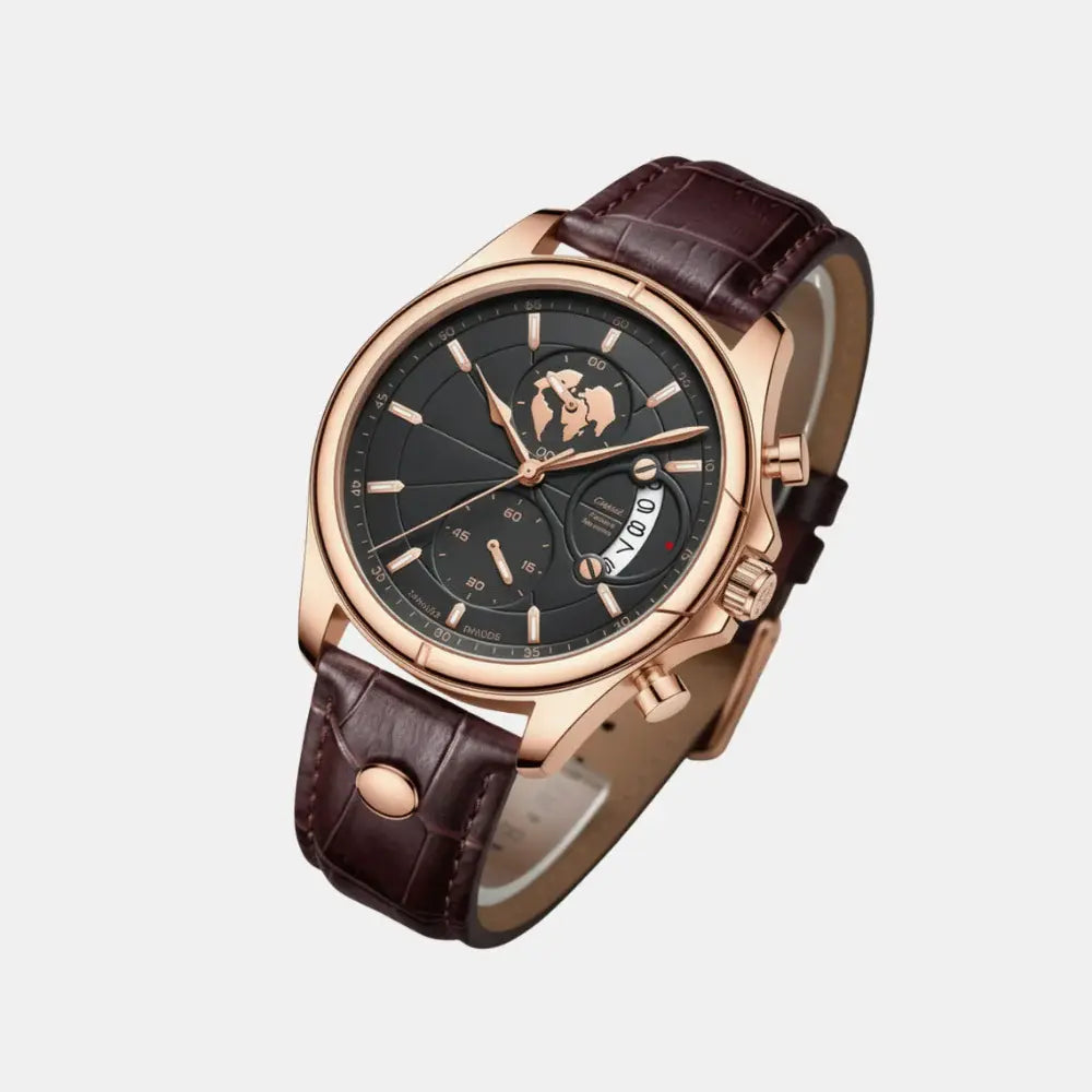 Close-up of the Meridian Nocturne Rose dark dial and rose-gold case